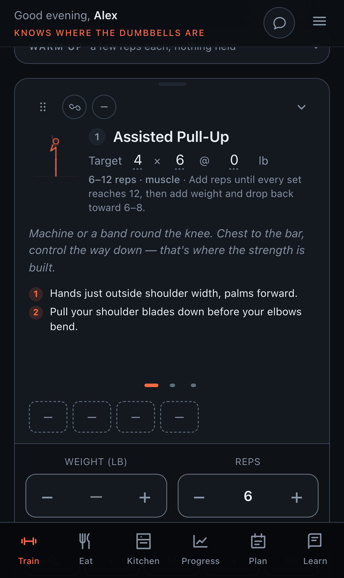 Today's workout: a movement with its target, rep range and how to progress it